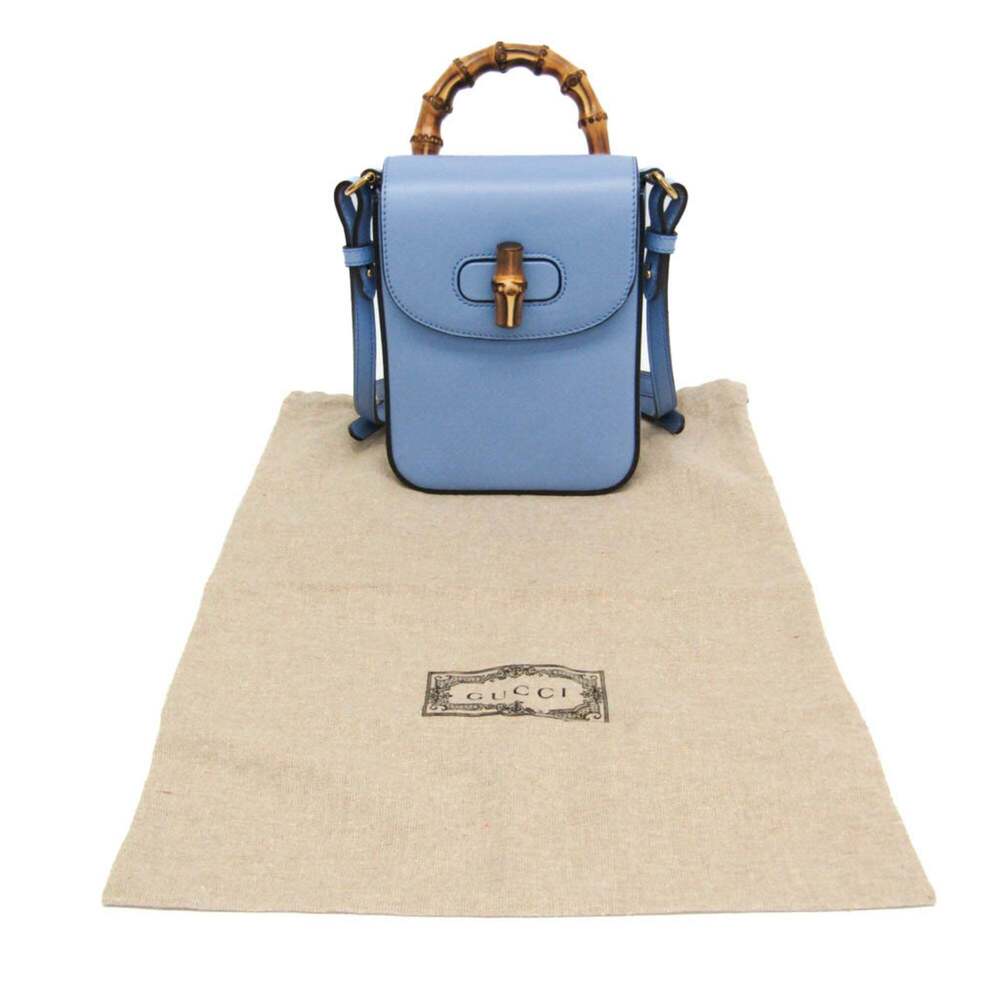 GUCCI Authentic Blue Leather Bamboo Shoulder Bag - Picture 2 of 16